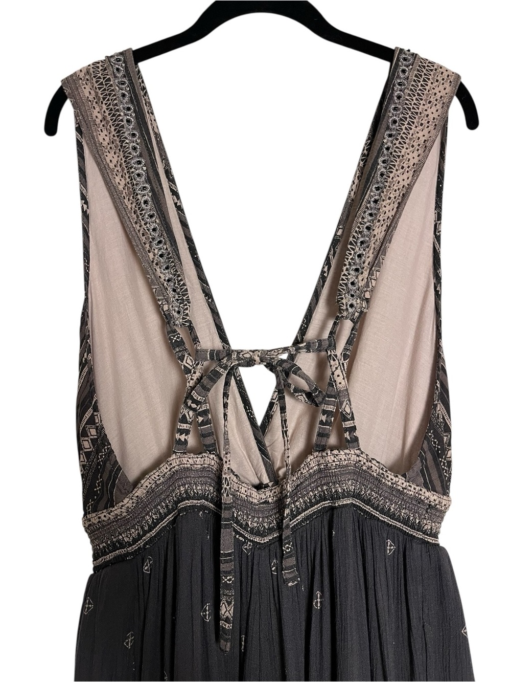 Free People Boho Wide Leg Jumpsuit LG Open Back Romper Pants Army Green Beaded - Picture 6 of 13